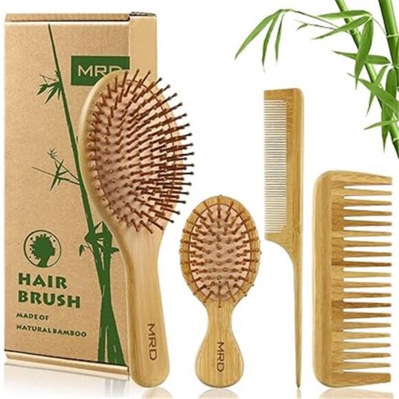 Hair Brush Set, Natural Bamboo Comb Paddle Detangling Hairbrush, Wide-tooth - Picture 7 of 7